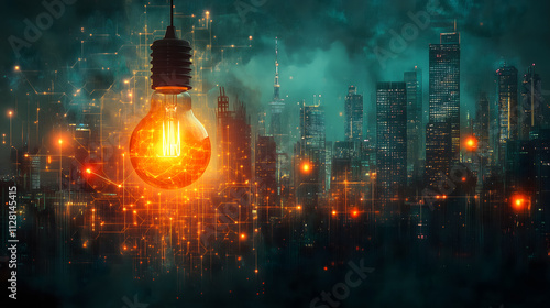 Glowing Lightbulb Amidst a Futuristic Cityscape with Digital Connections
