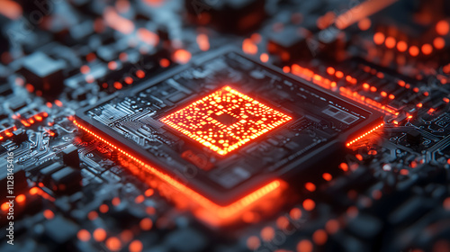 Glowing Microchip on Futuristic Circuit Board