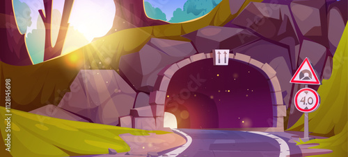 Road tunnel in summer forest. Vector cartoon illustration of highway under stone arch in mountain or hill, park with green grass, bushes and trees, bright sunlight flare, roadside warning signs