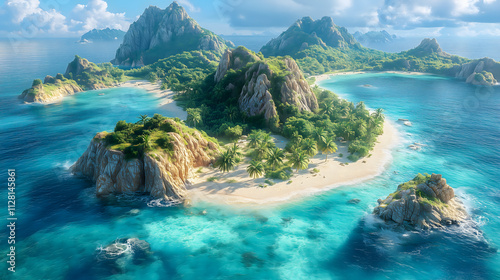 Tropical Island Paradise with White Sand Beaches and Lush Green Hills