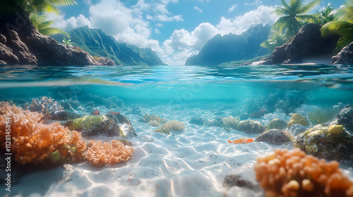 Tropical Underwater Coral Scene with Pristine Beach and Mountains
