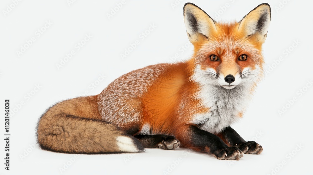 Obraz premium A striking red fox rests gracefully, showcasing its vibrant orange fur and bushy tail against a clean, white background.