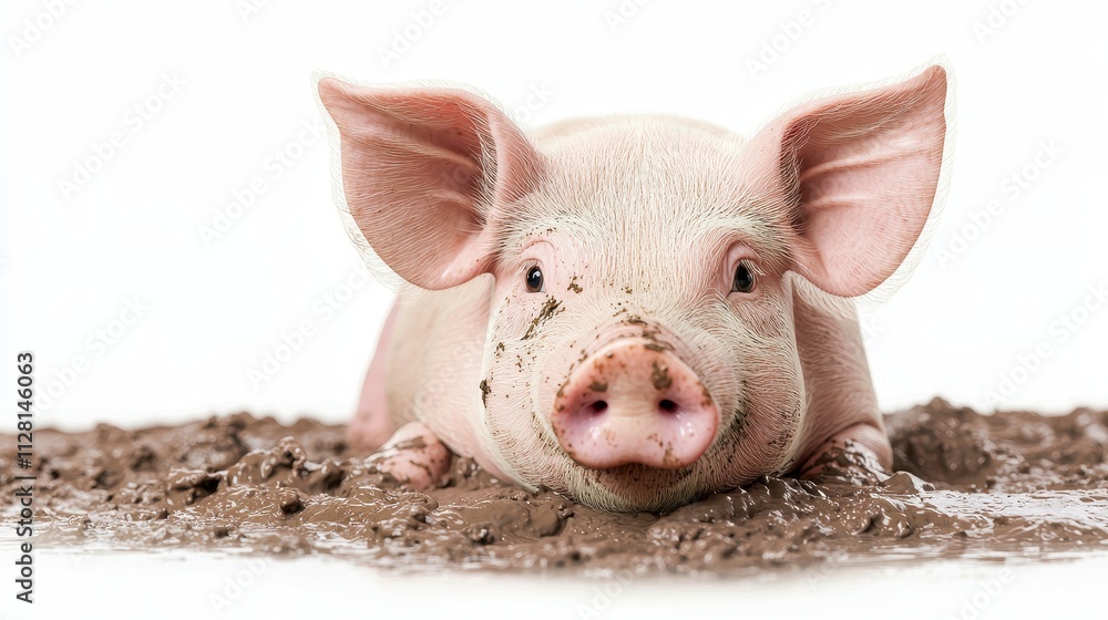 A cute piglet lies in mud, showcasing its pink skin and large ears, embodying the charm of farm life and the innocence of young animals, isolated on a white background. A cute piglet lies in mud, showcasing its pink skin and large ears, embodying the charm of farm life and the innocence of young animals, isolated on a white background.