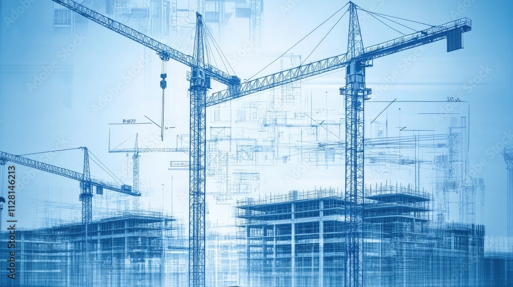 The construction of a sleek office building with overlaid blueprints and diagrams, symbolizing the future of urban development in a city skyline The construction of a sleek office building with overlaid blueprints and diagrams, symbolizing the future of urban development in a city skyline