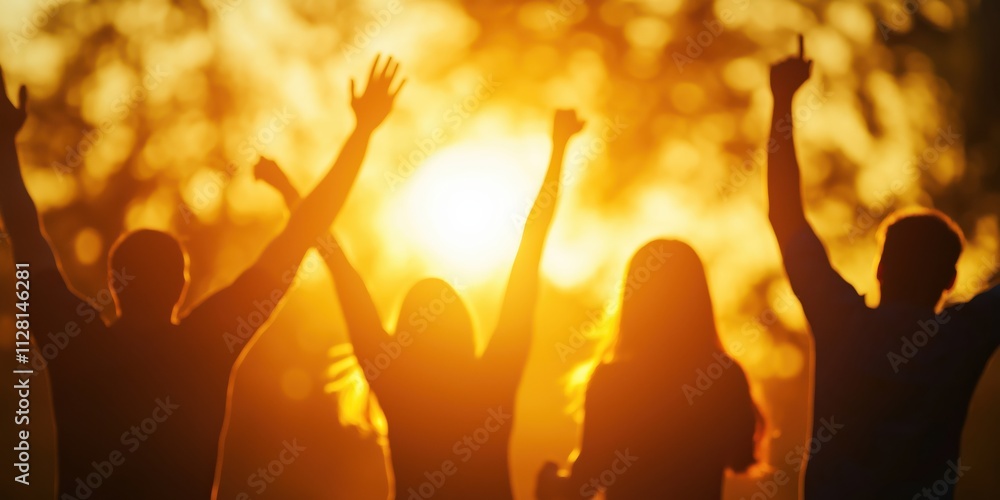 A group of friends joyfully celebrates a beautiful sunset, their silhouettes venturing into the warm glow, embodying freedom, togetherness, and the joy of shared experiences. A group of friends joyfully celebrates a beautiful sunset, their silhouettes venturing into the warm glow, embodying freedom, togetherness, and the joy of shared experiences.