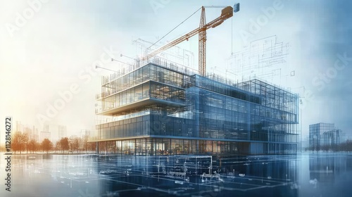 Wallpaper Mural The ongoing construction of a modern office building, with detailed blueprints and diagrams overlaid, illustrating the development of an urban commercial space Torontodigital.ca