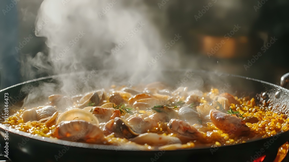 Freshly cooked seafood paella in a rustic pan, with steam rising from the mix of saffron rice, shellfish, and herbs, capturing authentic flavors Freshly cooked seafood paella in a rustic pan, with steam rising from the mix of saffron rice, shellfish, and herbs, capturing authentic flavors