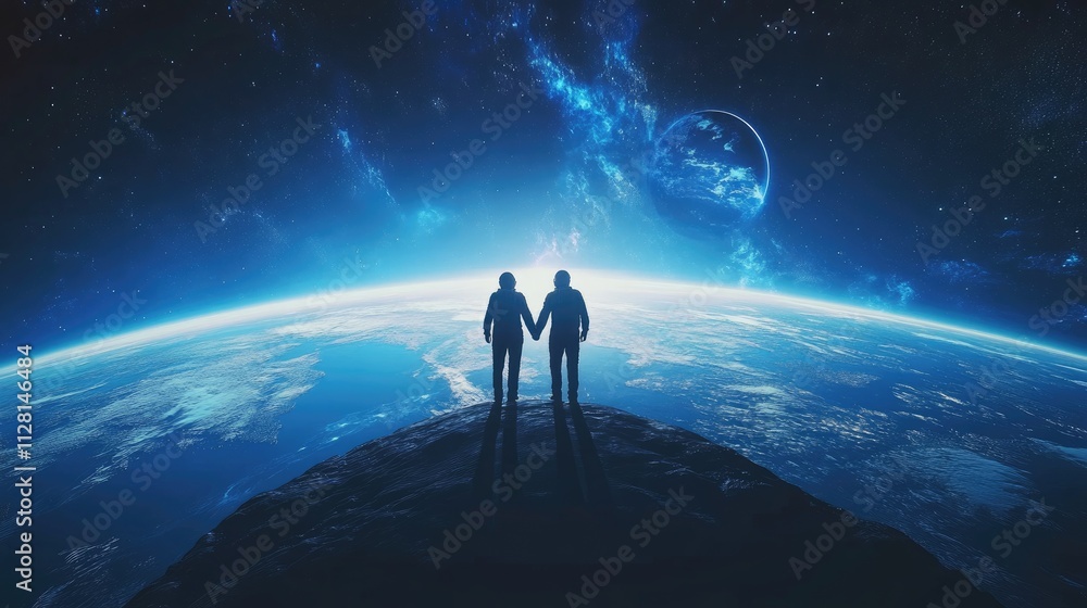 Two astronauts holding hands in the infinite expanse of space, with Earth visible in the distance, illustrating the awe and wonder of space exploration Two astronauts holding hands in the infinite expanse of space, with Earth visible in the distance, illustrating the awe and wonder of space exploration