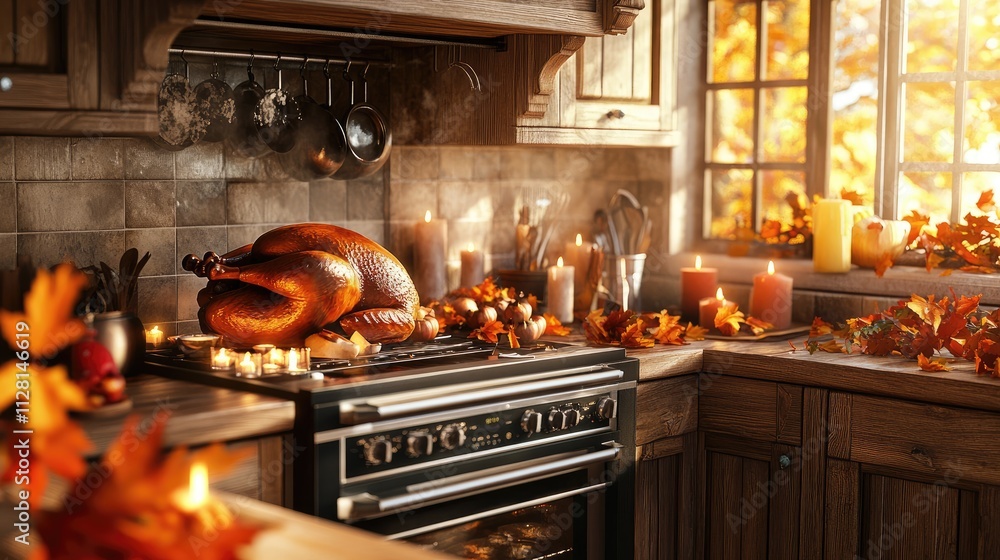 A cozy kitchen scene featuring a roasted turkey and autumn decorations. A cozy kitchen scene featuring a roasted turkey and autumn decorations.