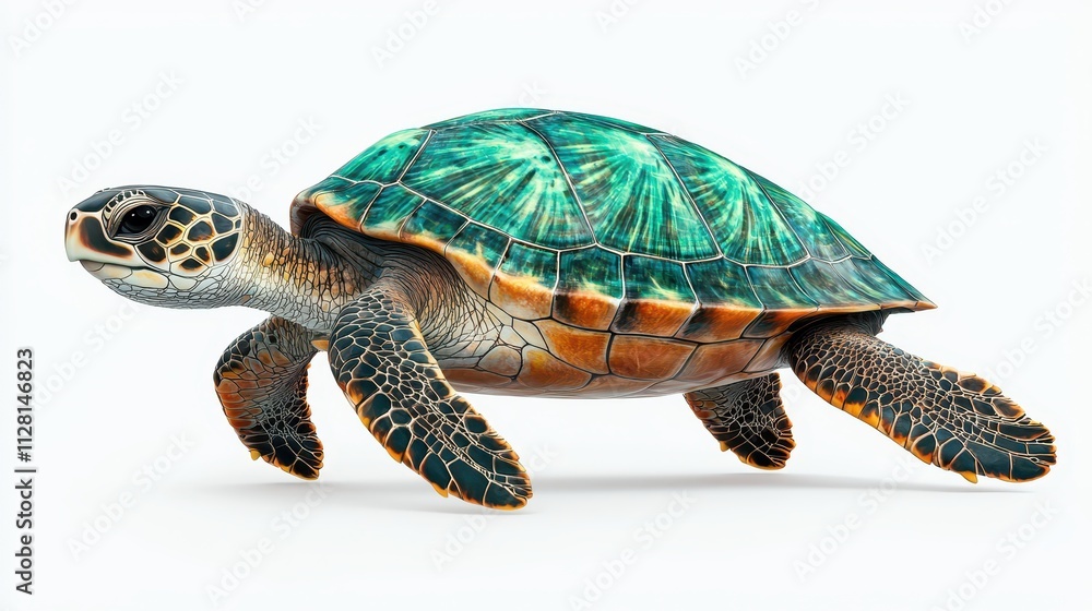 Naklejka premium A vibrant sea turtle swims gracefully, showcasing its colorful shell and intricate patterns against a plain background, isolated on a white background.