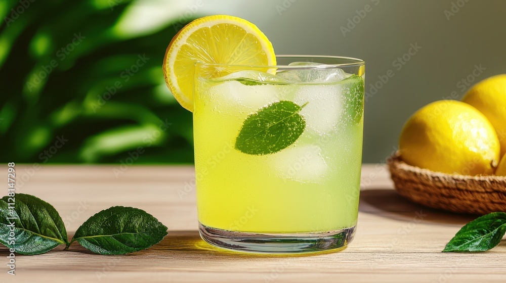 A refreshing lemon mint drink garnished with a slice of lemon and fresh mint leaves, served over ice in a clear glass. A refreshing lemon mint drink garnished with a slice of lemon and fresh mint leaves, served over ice in a clear glass.