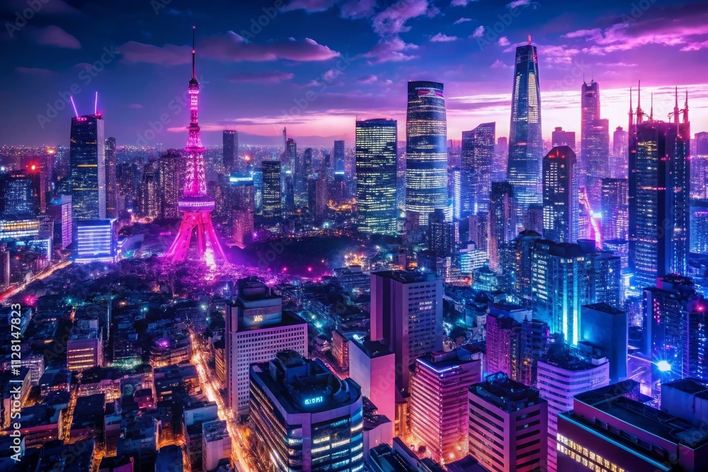 Obraz premium neonsoaked tokyo nightscape mangainspired cityscape with towering skyscrapers vibrant purple and magenta hues bustling streets pulsing with electric energy