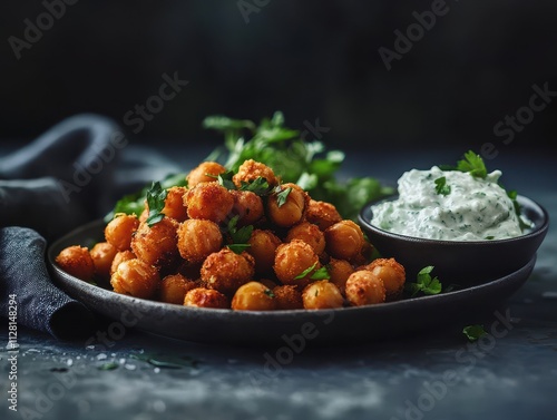 A plate of crispy chickpeas garnished with herbs, served with a yogurt dip.