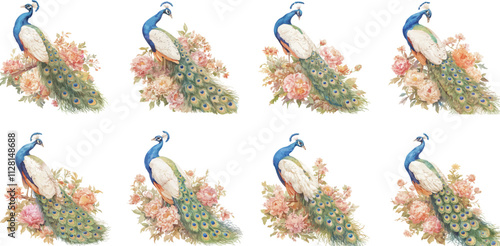 floral peacock watercolor clipart