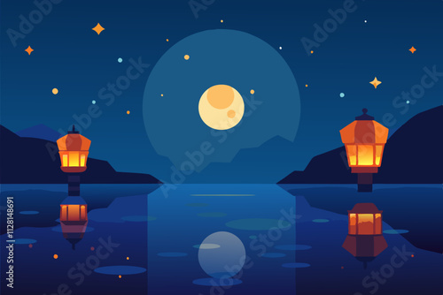 Lanterns floating in the night sky over water isolated vector illustration.