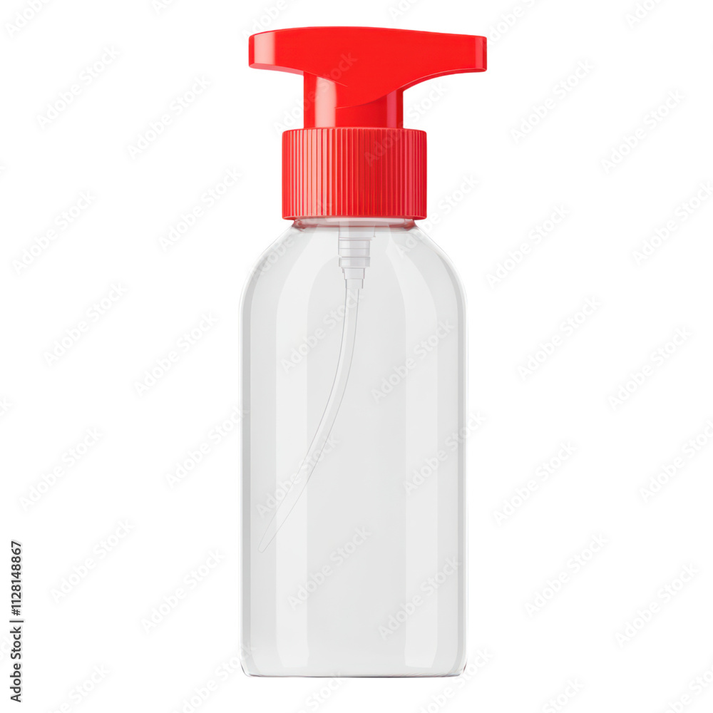 Clear Pump Bottle With Red Lid on Transparent Background