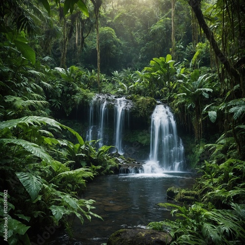 A vibrant scene of lush green plants thriving in a serene natural environment. The plants include ferns, succulents, and flowering species, each glowing with dew under a soft golden morning light.