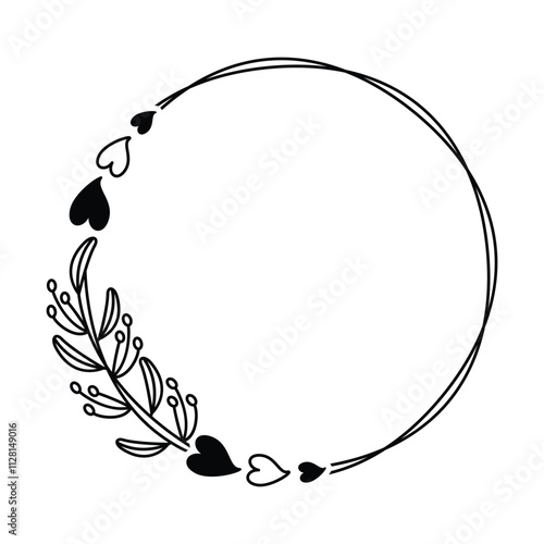 Minimalist Heart and Leaf Wreath, Botanical Black and White Logo, Circular Family Name Sign