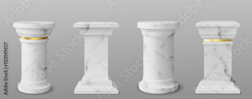 Collection of elegant marble podiums in classic design. White marble stand of round and square shapes with soft gray details, golden accents. Luxury platform for products display and award ceremony.
