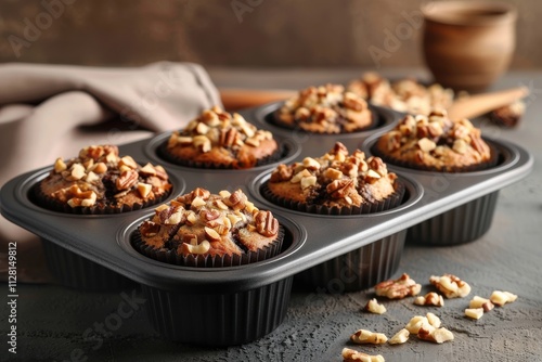 Freshly baked muffins topped with chopped nuts on a kitchen countertop