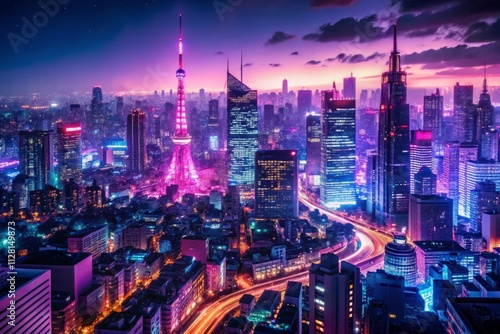 neonsoaked tokyo nightscape mangainspired cityscape with towering skyscrapers vibrant purple and magenta hues bustling streets pulsing with electric energy photo