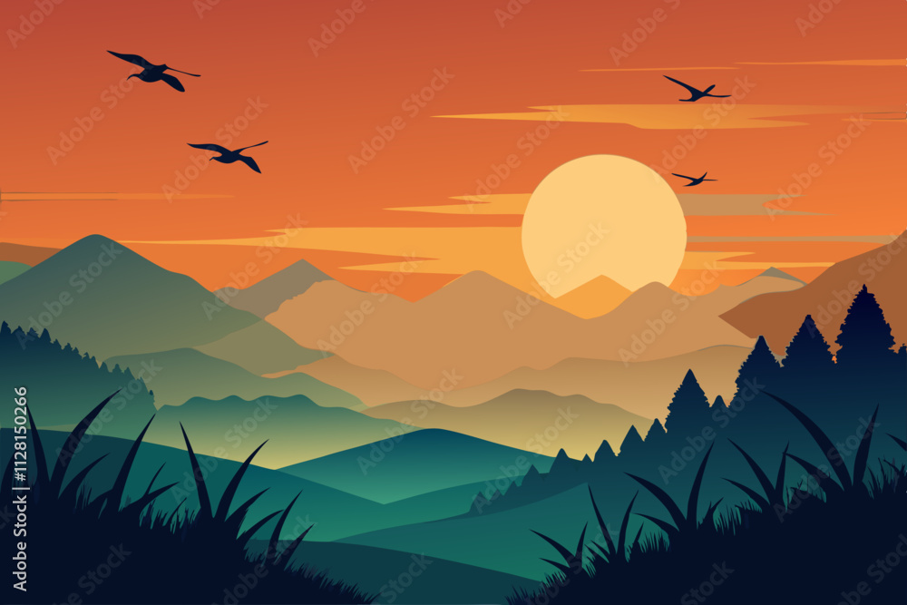 Fototapeta premium Birds flying over a rice paddy at dawn isolated vector illustration