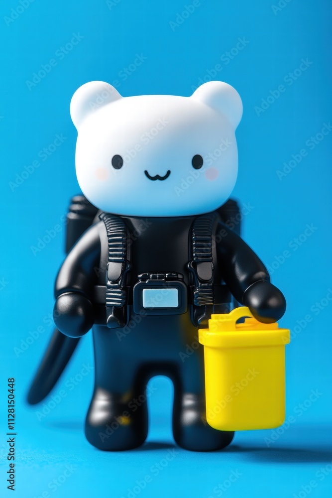 Fototapeta premium Cute Bear Character in Diver Suit Holding Recycling Bin