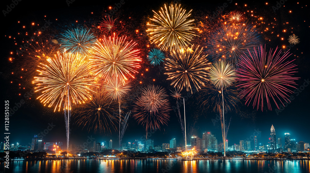 Fototapeta premium Night Sky Symphony: Fireworks over Cityscape