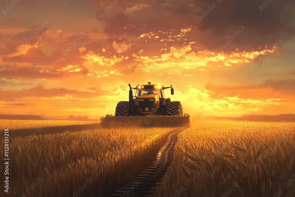 Naklejka premium A massive self-driving tractor working in a golden wheat field at sunset. Tracks on the field are perfectly aligned.