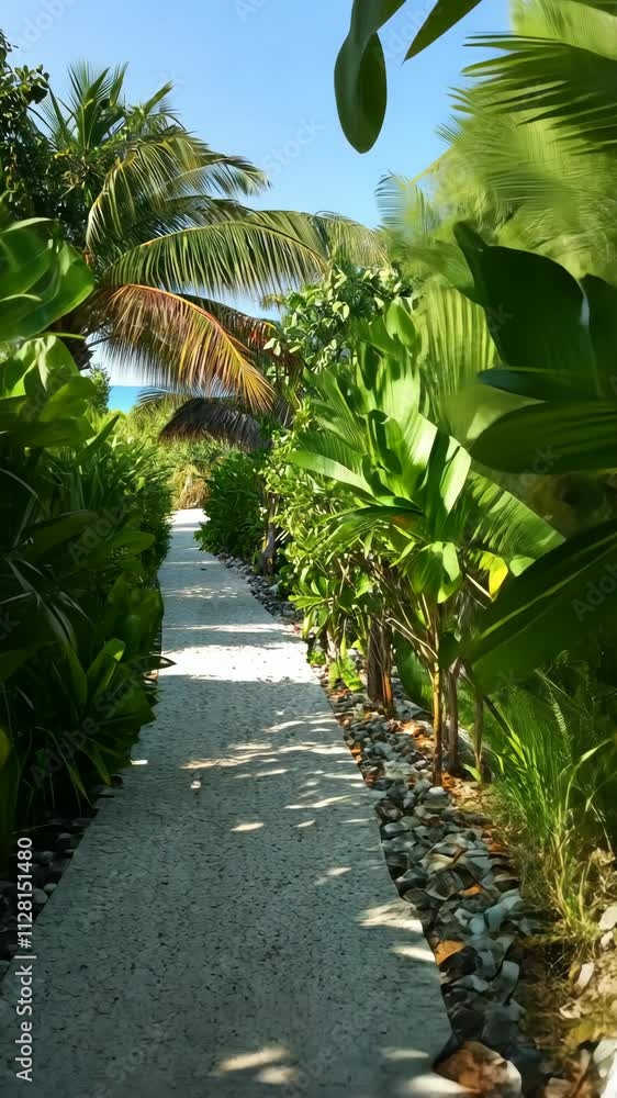Lush tropical pathway surrounded by greenery leads to a tranquil escape in a vibrant garden Lush tropical pathway surrounded by greenery leads to a tranquil escape in a vibrant garden