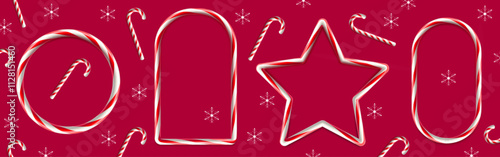 Festive caramel candy cane frames in red and white swirl stripes of rectangular, circular, oval and star shapes. Sweet traditional Christmas holiday dessert decorative borders and confectionary.