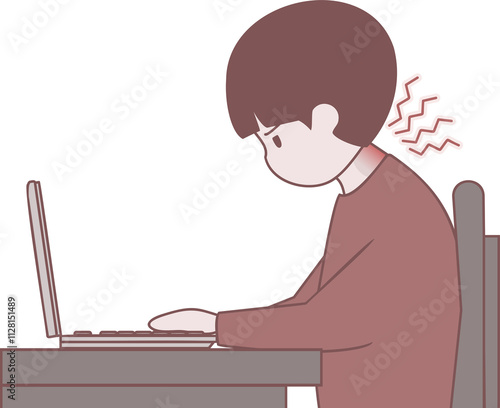 Computer neck, neck pain, cervical disc, posture correction, bent person illustration