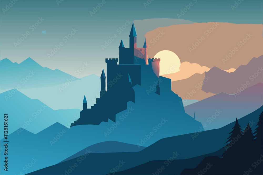 Fototapeta premium Castle on a hill surrounded by fog isolated vector illustration