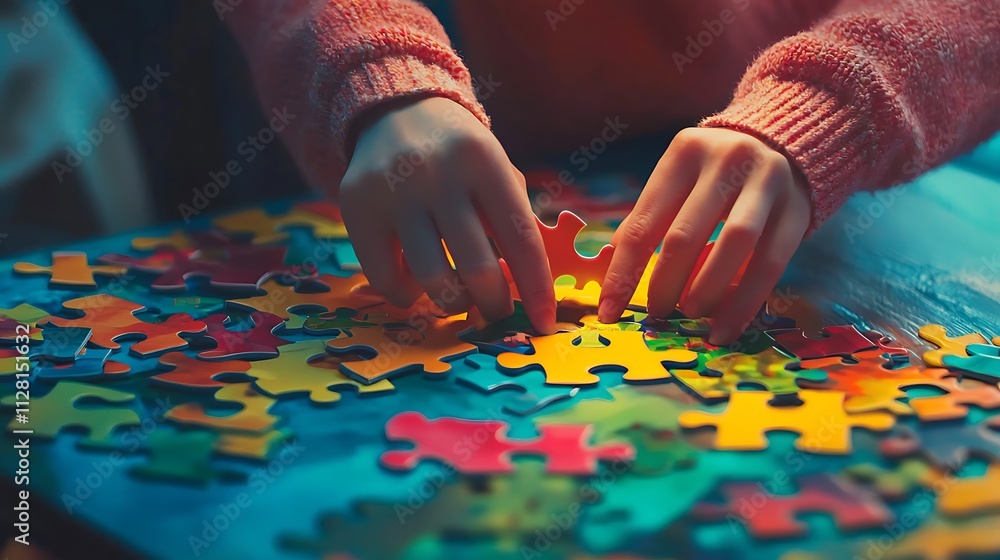A person is putting together a jigsaw puzzle with their hands A person is putting together a jigsaw puzzle with their hands