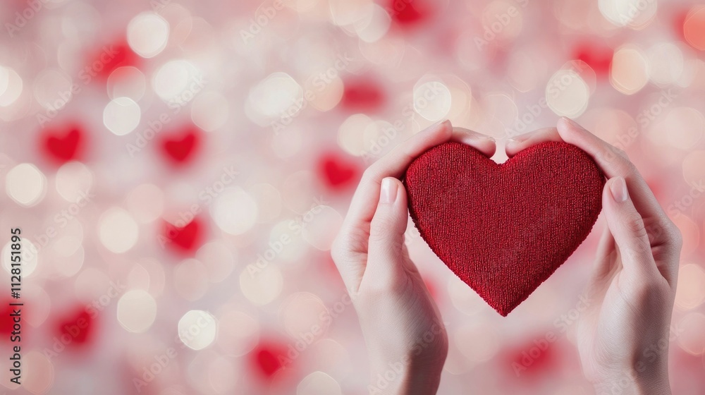 Fototapeta premium Close up of a couple forming a heart shape with their hands set against a warm soft focused background of red hearts and twinkling glowing bokeh lights The gesture symbolizes love romance