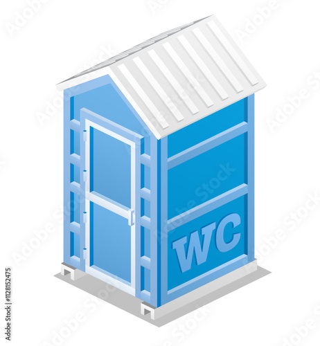 Portable chemical toilet. Isometric dry water closet cabin. Object isolated on white. Blue restroom WC lavatory stall.