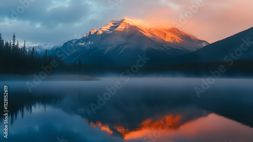 A sunrise over a mountain, shrouded in fog at Medicine Lake in Jasper. photo