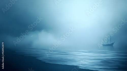 A fog-draped beach where phantom ships vanish into the misty horizon. Phantom. Illustration photo