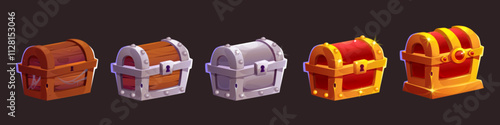 Closed ancient wooden treasure chest for game level rank ui design. Progress steps of medieval case - wood abandoned with web, with silver frame, metal container, with golden and gems decor elements.