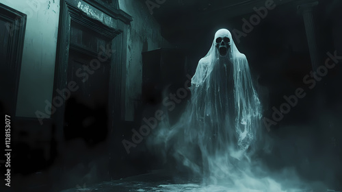 A ghostly figure with a skull like face appears in a haunted room. Phantom. Illustration