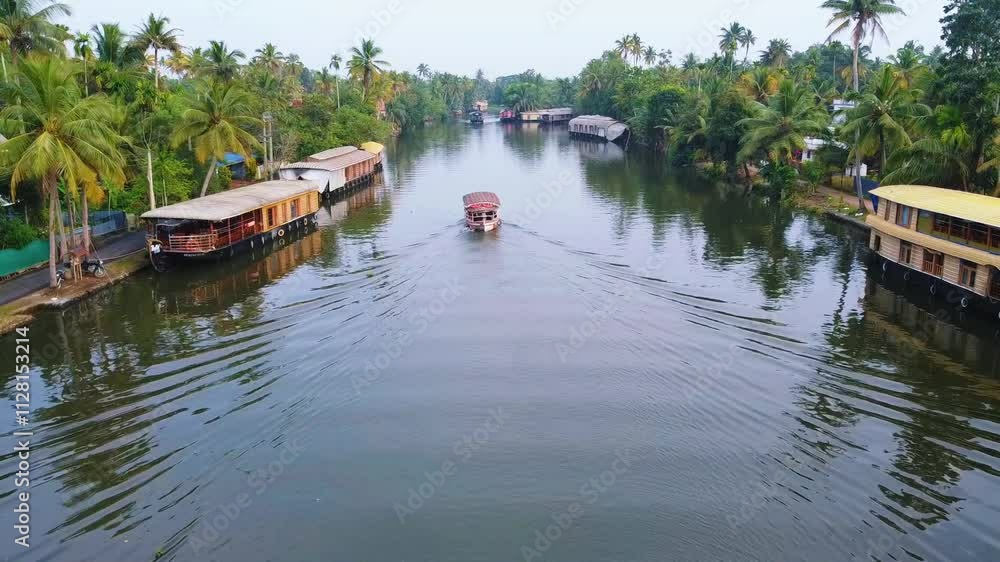 A boat passes through the middle, cutting through the waves. Aerial view of Kerala's backwaters with rows of houseboats lined up and a small boat sailing through the water nearby A boat passes through the middle, cutting through the waves. Aerial view of Kerala's backwaters with rows of houseboats lined up and a small boat sailing through the water nearby