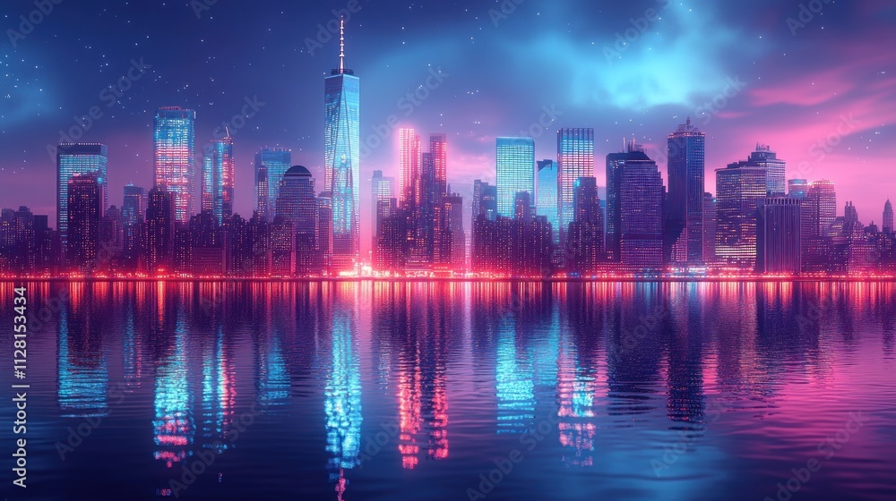 Vibrant cityscape skyline reflecting in calm water at night, illuminated with neon pink and blue lights. Vibrant cityscape skyline reflecting in calm water at night, illuminated with neon pink and blue lights.