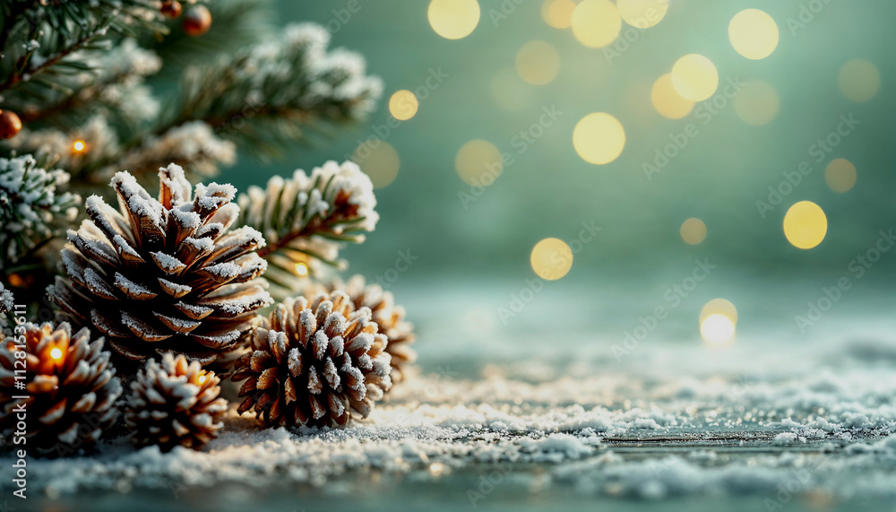 Festive holiday greeting card with snow-covered pine cones, a light green bokeh background, and a German holiday message Festive holiday greeting card with snow-covered pine cones, a light green bokeh background, and a German holiday message