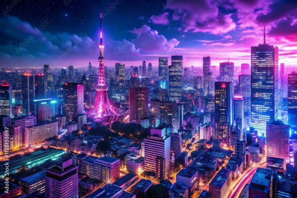 Fototapeta premium tokyo city skyline illuminated at night showcasing an animeinspired drawing with vibrant magenta and purple neon lights embodying the bustling energy of the metropolis