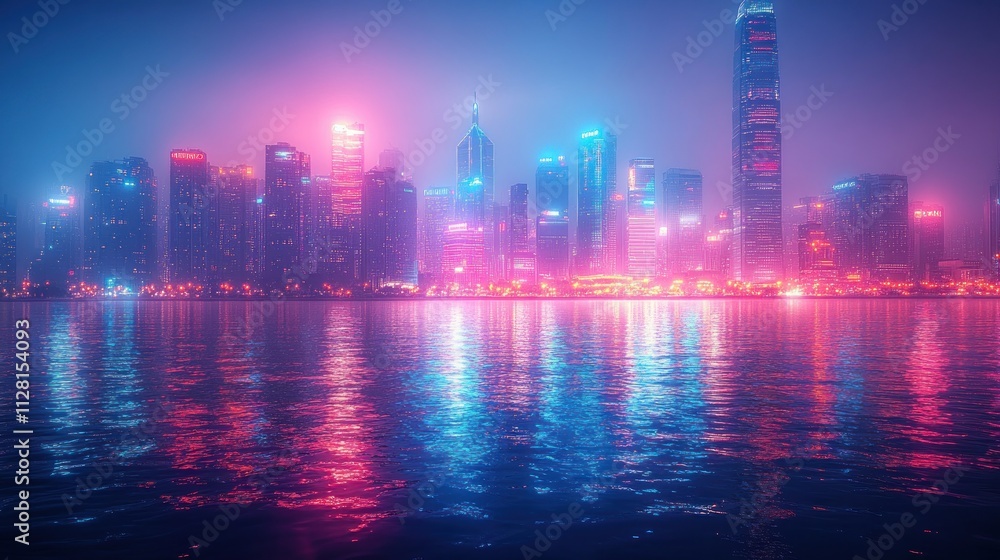 Futuristic city skyline reflected in calm water at night, illuminated with vibrant pink and blue neon lights. Futuristic city skyline reflected in calm water at night, illuminated with vibrant pink and blue neon lights.
