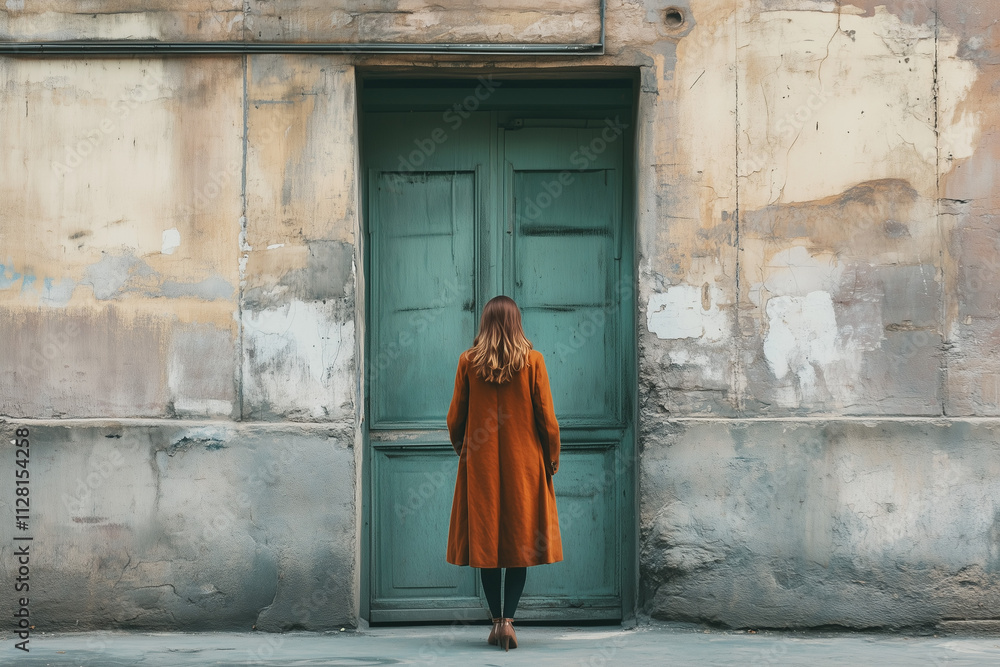 A woman is standing in front of a closed door. A woman is standing in front of a closed door.