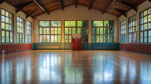 Empty Indoor Basketball Court with Large Windows