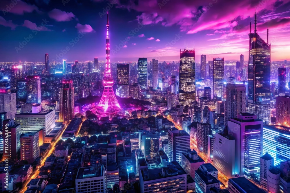 Obraz premium tokyo city skyline illuminated at night showcasing an animeinspired drawing with vibrant magenta and purple neon lights embodying the bustling energy of the metropolis