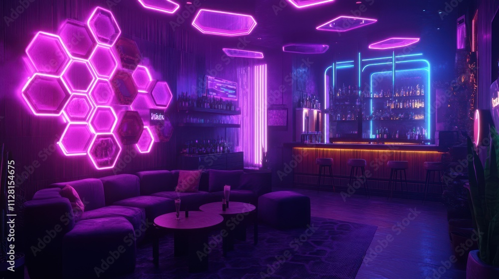 Neon-lit cyberpunk bar interior with purple and pink lighting, hexagonal panels, and plush seating. Neon-lit cyberpunk bar interior with purple and pink lighting, hexagonal panels, and plush seating.