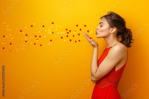 Woman blowing heart confetti on yellow background